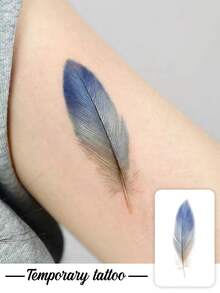 1pc Temporary Tattoo, Watercolor Gradient Blue And Brown Feather Pattern, Realistic Fake Tattoo Design, For Daily, Bachelorette Party Favors, Music Festival, Game, Graduation Gift, Lasts 3-5 Days - Multicolor - View 1