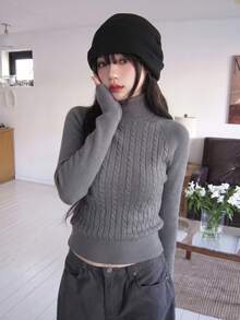Autumn/Winter New Korean Style Cable Knit High Neck Long Sleeve Slim Fit Cinched Waist Sweater, Flattering Pure Desire Base Layer Top - Grey - View 2