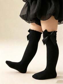 1 Pair Baby Socks With Ruffle And Large Bow, Dress Socks For Girls, Student Princess Long Tube Loose Cuff Socks - Black - View 4