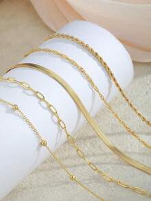5pcs Fashionable Minimalist Stackable Bracelet Set, Decorated With Beaded Chain And Snake Bone Chain, Perfect For Women's Daily Casual Wear, Suitable For Daily, Commuting, Party, Gathering And Other Occasions (Bead Quantity Not Fixed, Length Fixed) - Gold - View 3