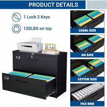 Archivador Lateral de Metal Negro 40.1x89.9x72.9 cm |   Gabinete de 2 Cajones Grandes con Cerradura para Colgar Archivos |   Compatible con Carta Legal F4 y A4 para Oficina |   Fácil de Armar - Negro - Ver 5