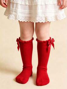 1 Pair Girls' Toddler Bow Knot Solid Color High Tube Socks, School Style Long Socks - Red - View 4
