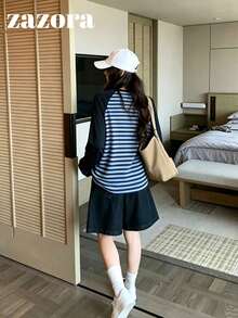 Áo kiểu Hàn Quốc tối giản phối màu khối, cổ Henley tay raglan, sọc, dáng regular, tay dài đa năng, lớp nền, quần áo mùa thu - Sọc xanh - Xem 7
