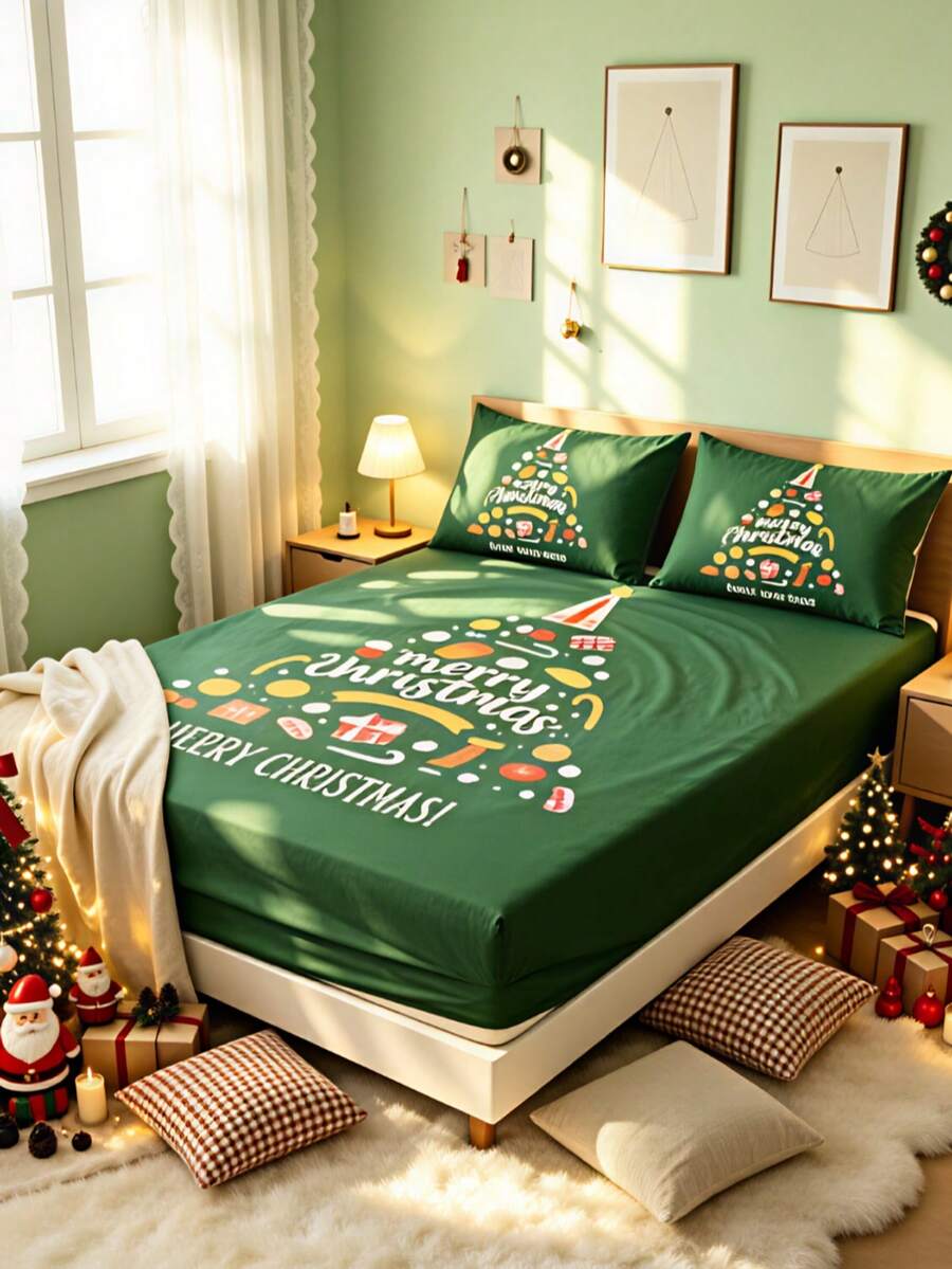 3-Piece Fitted Sheet Set (1 Fitted Sheet + 2 Pillowcases), Green Christmas Tree Holiday Print Design, Soft And Skin-Friendly, All-Season Use, Fade-Resistant And Anti-Pilling, Suitable For Bedroom, Dorm, Guest Room, Daily Use, Ideal Holiday Gift - Multicolor - View 1