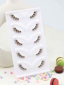 5 Pairs Brown Half-Eye Thick Voluminous Curly Natural Fluffy Faux Mink Eyelashes, Winged Tail, Lightweight Comfortable One-Piece False Eyelashes For Beginners - Brown - View 5
