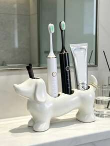 Cute And Simple Dachshund-Shaped Bathroom Storage Box And Toothbrush Holder - Electric Dachshund Toothbrush Holder And Shelf, Toothpaste And Makeup Brush Storage Base, Adorable Storage Base Stand. - Multicolor - View 1