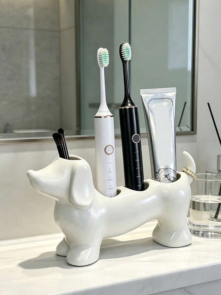 Cute And Simple Dachshund-Shaped Bathroom Storage Box And Toothbrush Holder - Electric Dachshund Toothbrush Holder And Shelf, Toothpaste And Makeup Brush Storage Base, Adorable Storage Base Stand. - Multicolor - View 1