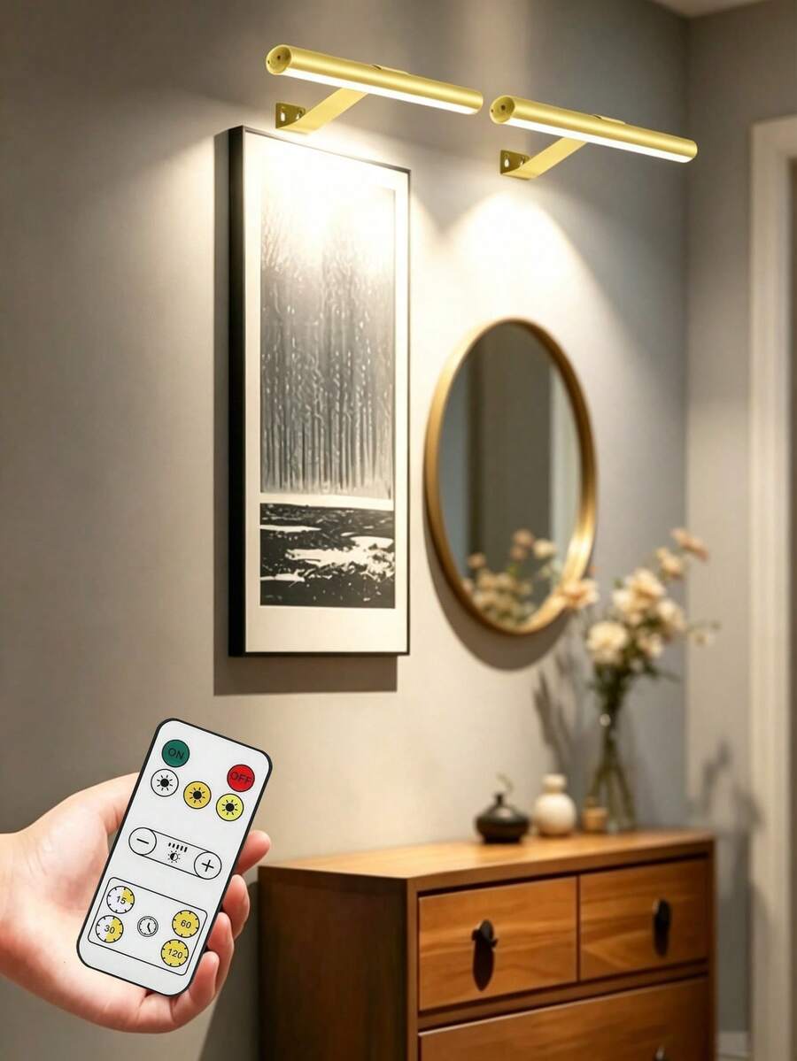 1pc Wireless Rechargeable Battery Powered Wall Lamp, Gold/Black,Color Temperature Remote Control,3 Color Temperatures & Dimmable Wireless Wall Light, Suitable For Bedroom, Living Room, Hallway Decor,With A Timer Function - LED Makeup Mirror Light - View 1