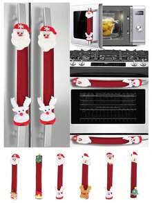 2pcs Christmas Refrigerator Door Handle Covers, Santa Claus & Reindeer Decorative Handle Protectors, Red Linen Kitchen Oven Microwave Fridge Handle Decor, Winter Holiday Home Decoration - Multicolor - View 1