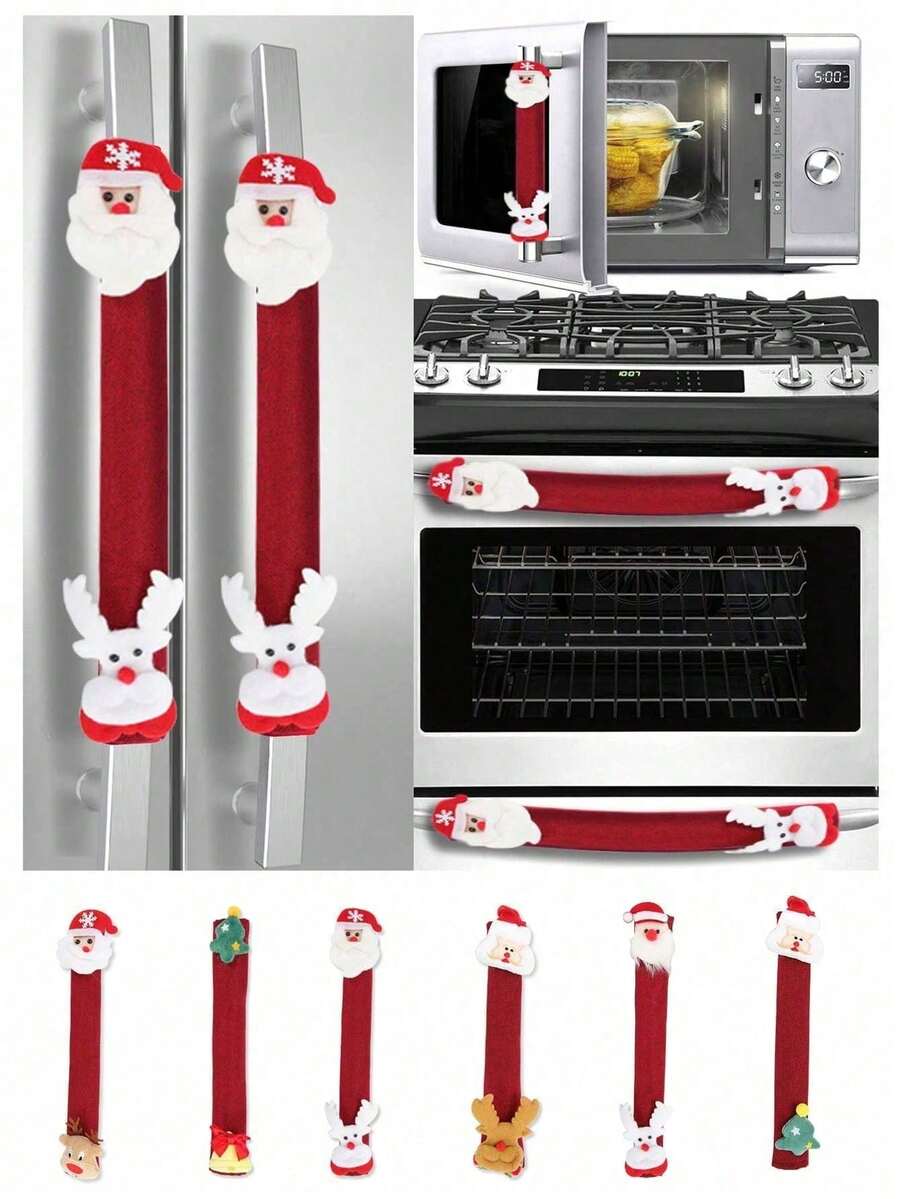 2pcs Christmas Refrigerator Door Handle Covers, Santa Claus & Reindeer Decorative Handle Protectors, Red Linen Kitchen Oven Microwave Fridge Handle Decor, Winter Holiday Home Decoration - Multicolor - View 1