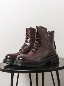 ZCZ Men's Textured Surface Lace‑Up Ankle Boots, Side Zip Thick Sole Casual Short Boots, Wine Red - Burgundy - View 3