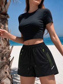 Women's Summer Sports Printed Shorts, Elastic Waist Drawstring Running Pants, Suitable For Indoor Fitness And Outdoor Running - Black - View 2