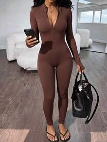 GLAMSKIN جمبسوت نسائي للخريف/الشتاء بأكمام طويلة مضلع، نصف سحاب بياقة V عميقة، قصة ضيقة، طقم قطعة واحدة، مرونة عالية، أسلوب شارع كاجوال - بني - مشاهدة 6