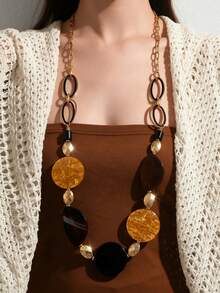 1pc Boho Statement Women's Long Necklace,Vintage Golden Chain Amber Acrylic Geometric,Adjustable Stacked Layered Jewelry For Daily Vacation Date Party - Multicolor - View 3