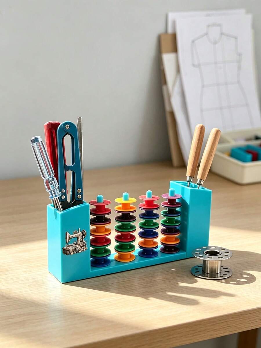 Multifunctional Magnetic Tool Holder Storage Box, Equipped With A Bobbin, Suitable For Sewing Machine Thread Spools, Screwdrivers, Tweezers - Blue, With Colorful Knob, No Installation Required, Convenient Storage, Sewing Machine Accessories - Multicolor - View 1