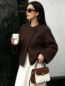 Mantel Wol Wanita Musim Gugur/Dingin, Jaket Cokelat Pendek Wol dengan Kancing Depan, Potongan Ramping, Elegan dan Menawan, Cocok untuk Liburan/Perjalanan/Kantor - Coklat - View 2