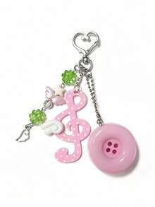 Cute Music Note Keychain, Y2K Button Bag Charm With Clover Star Wing Pendant, Aesthetic Handmade Key Ring For Backpack Purse Decor - Multicolor - View 4
