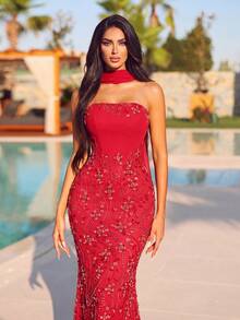 Women's Red Glitter Mermaid Evening Gown, Strapless Long Dress With Boned Design, Perfect For Prom And Formal Occasions - Red - View 3