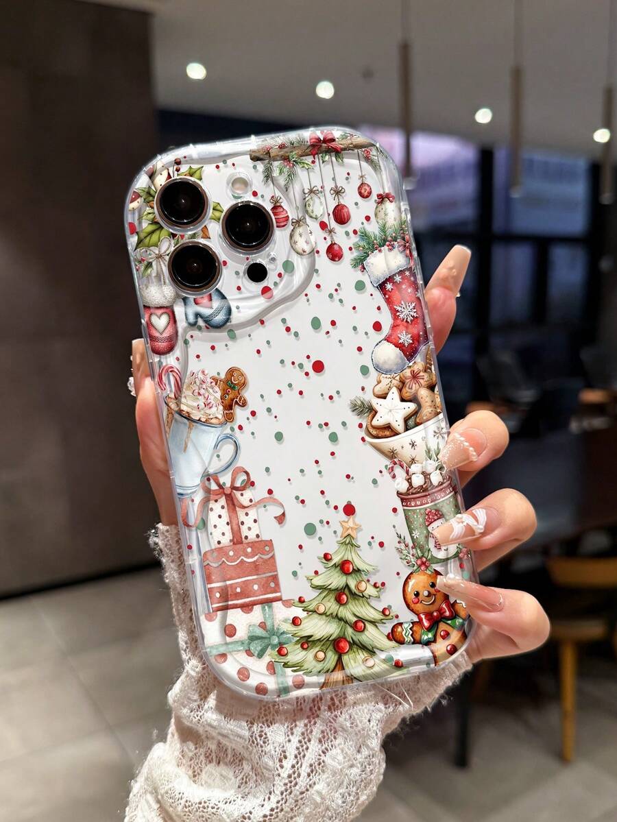 聖誕薑餅人聖誕樹設計透明波浪邊軟手機殼,適用於 iPhone 18/18 Pro Max/17/16/15/14/13/12/11/14 Pro/Pro Max/X/XR/XS/XS Max/15 Pro Max/17 Pro Max 及其他機型,時尚手機保護殼 - 無色 - 查看 1
