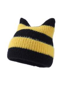 1pc Men's Fashion Cute Ear-Shaped Striped Short Fur Beanie Knit Hat, Suitable For Autumn/Winter Warmth, Daily Wear And Outfits - A - View 4