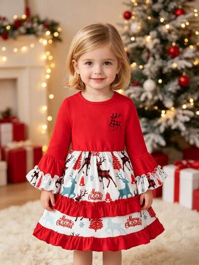 Baby Girl Autumn Cute Patchwork Long Sleeve Dress, Letter & Deer Print, Ruffle Hem Cake Skirt, Christmas Holiday 1st Birthday Casual Outing Outfit