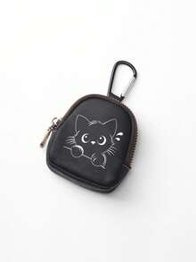 Cute White Cat & Butterfly Flower Print Mini PU Leather Coin Purse, Zipper Earbud Storage Pouch With Carabiner Clip, Portable Key Bags,Wallet Bag,Gift - Multicolor - View 13