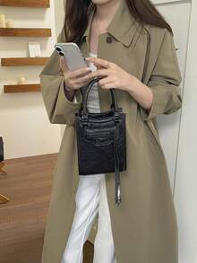 1pc Women's Solid Color PU Handbag, Fashion Zipper Closure, Suitable For Date Gift - Black - View 6