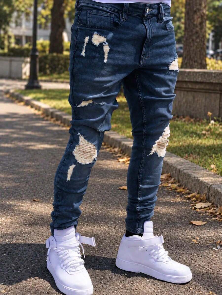 Men's Spring/Autumn New American Street Style Fashion Casual Distressed Washed Slim Fit Jeans