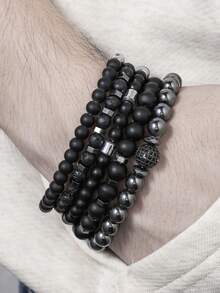 RINTOLER 5pcs/Set Retro & Unique Design Matte Lava Stone Beaded Bracelet With Spacer Beads, Rhinestone Balls And Elastic Cord - Black - View 4