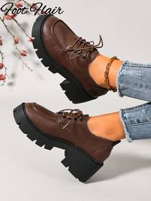 Foot Flair Women's Brown Lace-Up Round Toe Classic Versatile Shoes, Sizes 35-43 Available - Brown - View 7