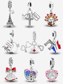 1pc Heart-Shaped Rhinestone Eiffel Tower Pendant Bead For Bracelet DIY, Women's Jewelry Daily Matching Decoration, Girls Accessory - Silver - View 12