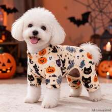 Opjoys 1pc Halloween Black Cat BOO! Print Dog , Halloween Style Skin-Friendly Knitted Four-Legged Design Round Neck Ribbed Cuff Warm Belly Protection Anti-Shedding Pet Home Wear Spring Autumn Daily - White - View 6