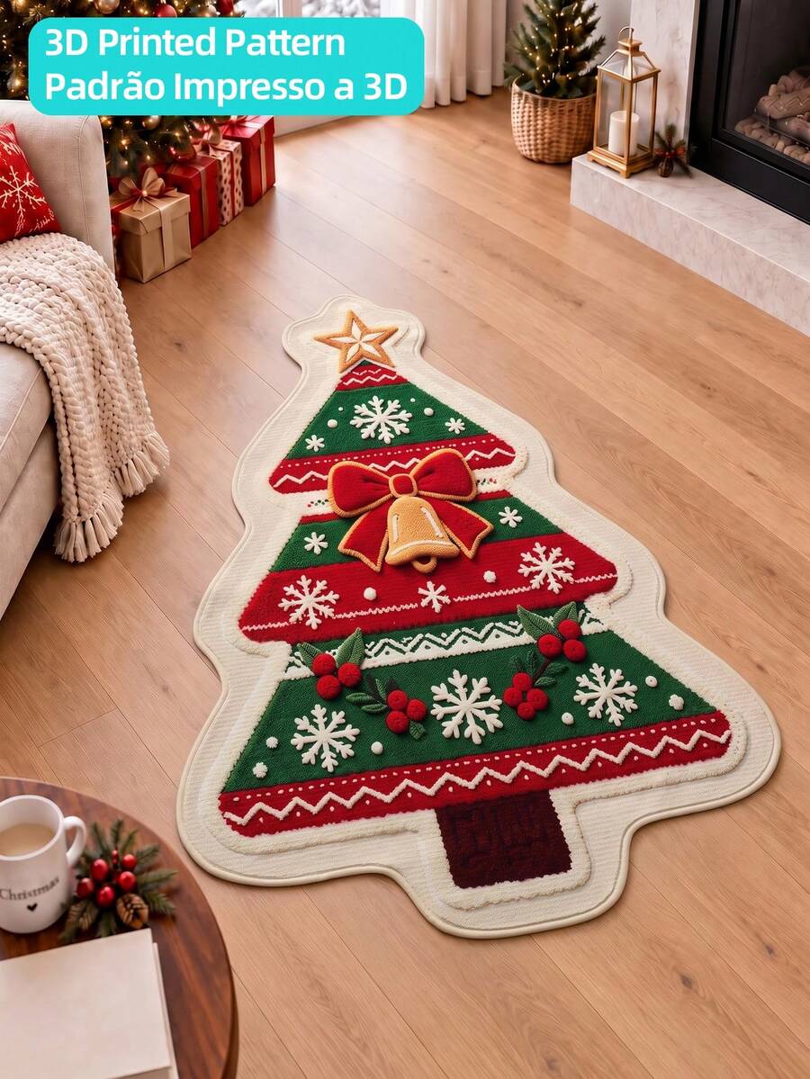 DAJIANG 1pc Christmas Tree Shaped Rug, Kitchen Rug, Hallway Rug, Area Rug, Suitable For Bathroom, Kitchen, Indoor, Hallway, Bedroom, Living Room, Bedside, Decorative Rug, Machine Washable Easy To Clean, Entry Mat, Non-Slip Bottom, Autumn/Winter Bedroom Decor