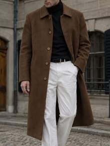Men's Premium Fabric Brown Long Coat, Classic Collar Button-Up Elegant Winter Overcoat - Brown - View 3