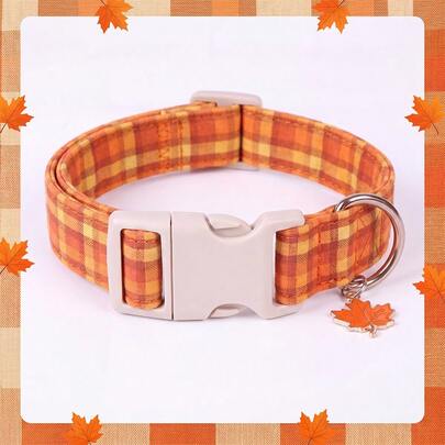 Autumn Warm Orange Collar With Maple Leaf Pendant For Dogs And Cats, Small Dogs And Kittens, Plaid Aesthetic Nostalgic Golden Autumn Maple Charm, Beige Buckle Silver Ring, Adjustable Quick Release, Teddy Bichon Corgi Ragdoll Cat, Orange Yellow Plaid Full Print, Autumn Harvest Thanksgiving Maple Leaf Season Anti-Escape Neck Collar, Outdoor Travel Photography Walking