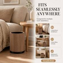 1pc Modern Retro Faux Wood Grain Round Double Layer Hidden Trash Can, Black Non-Slip Base, Bagless Design, Large Capacity, Suitable For Living Room, Bedroom, Nightstand, Bathroom, Office, Hotel And Home Decor, Japanese Minimalist Fashion Room Aesthetic Decoration, Thickened Anti-Drop Waste Paper And Miscellaneous Storage Bin, Bathroom Toilet Paper Basket - View 5