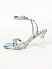 Women's Square Toe Crystal High Heel Sandals With Rhinestone Strap, Elegant Fashion Open Toe Summer Autumn Minimalist Basic Buckle - Blue - View 2