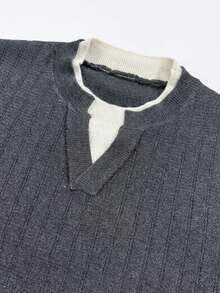 glestore Men's Vintage "Old Money Style" Colorblock Collar Knit Sweater, Versatile For Daily Commute - Dark Grey - View 6