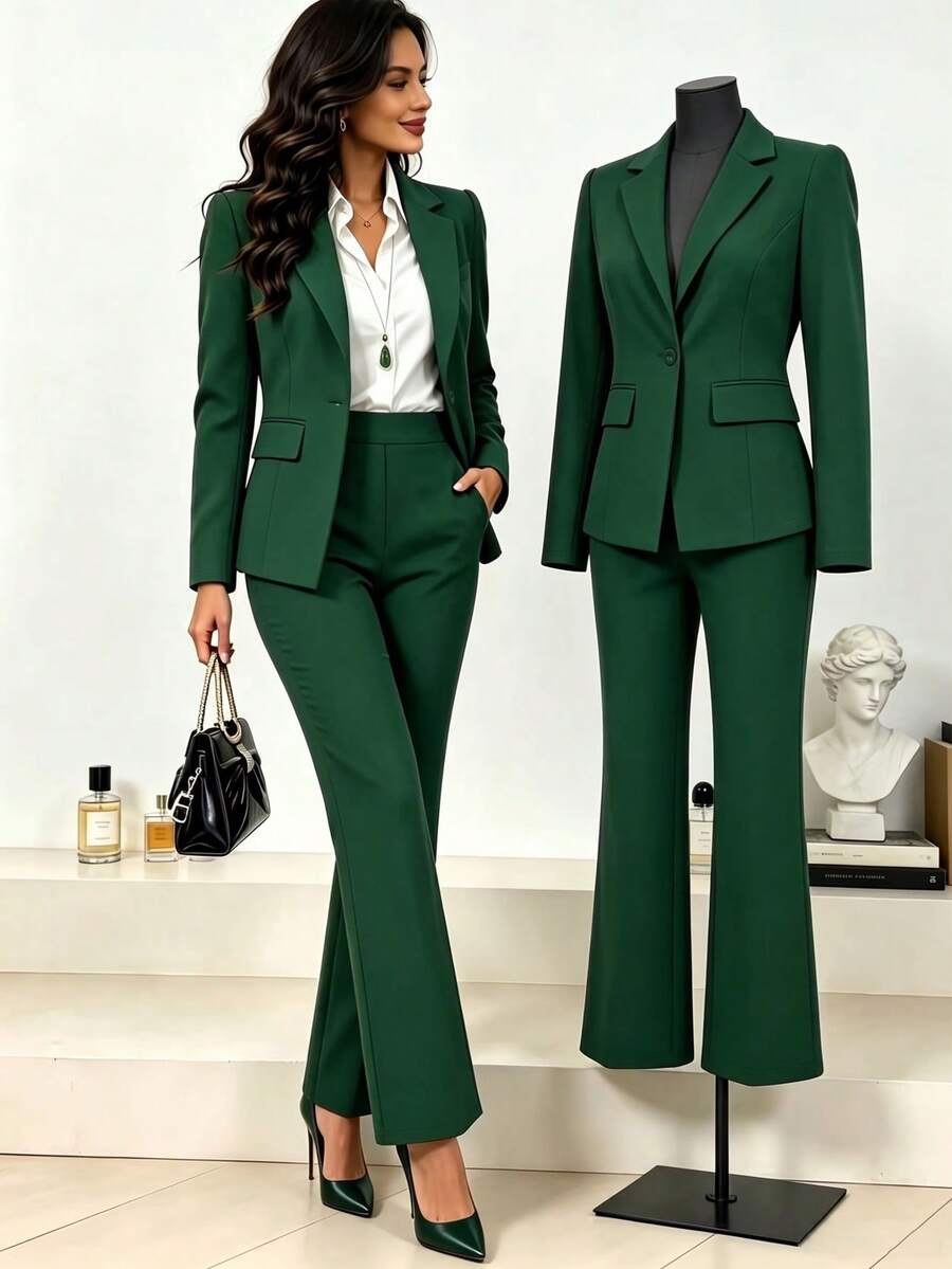Setelan 2 Potong Elegan Musim Semi/Gugur untuk Wanita, Blazer Hijau Tua dengan Potongan Pinggang Pendek Bergaya Vintage Inggris dengan Kancing dan Celana Panjang Lurus Kasual Sederhana - Dark Green - View 1