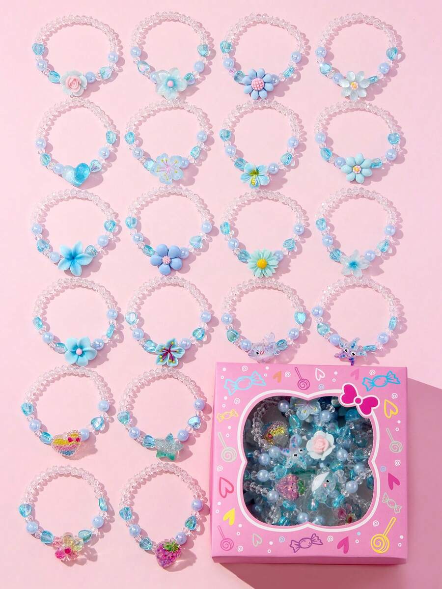 20Pcs Blue Heart Beaded Bracelets Gift Box For Girls, Kids Party Jewelry Birthday Gift