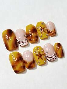 10PCS Short Square Press On Nails, Amber Tortoise Shell Yellow Starfish Zebra Stripe French Tip Handmade Fake Nails, Rhinestone Decor Reusable Wearable False Nails For Winter And Autumn Nail Decor - Multicolor - View 2