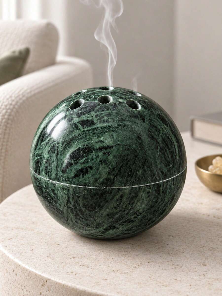 1pc Deep Emerald Green Marble Pattern Spherical Incense Burner, Bakhoor Holder, Home Decor - Multicolor - View 1