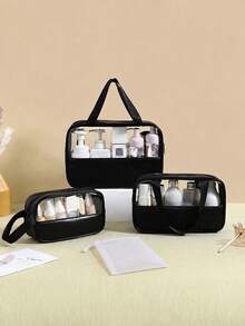 Double Handle Large Capacity Transparent Makeup Bag, Suitable For Cosmetics And Toiletries, Beach Bag, Back To School Summer Travel Essential - Black - View 4