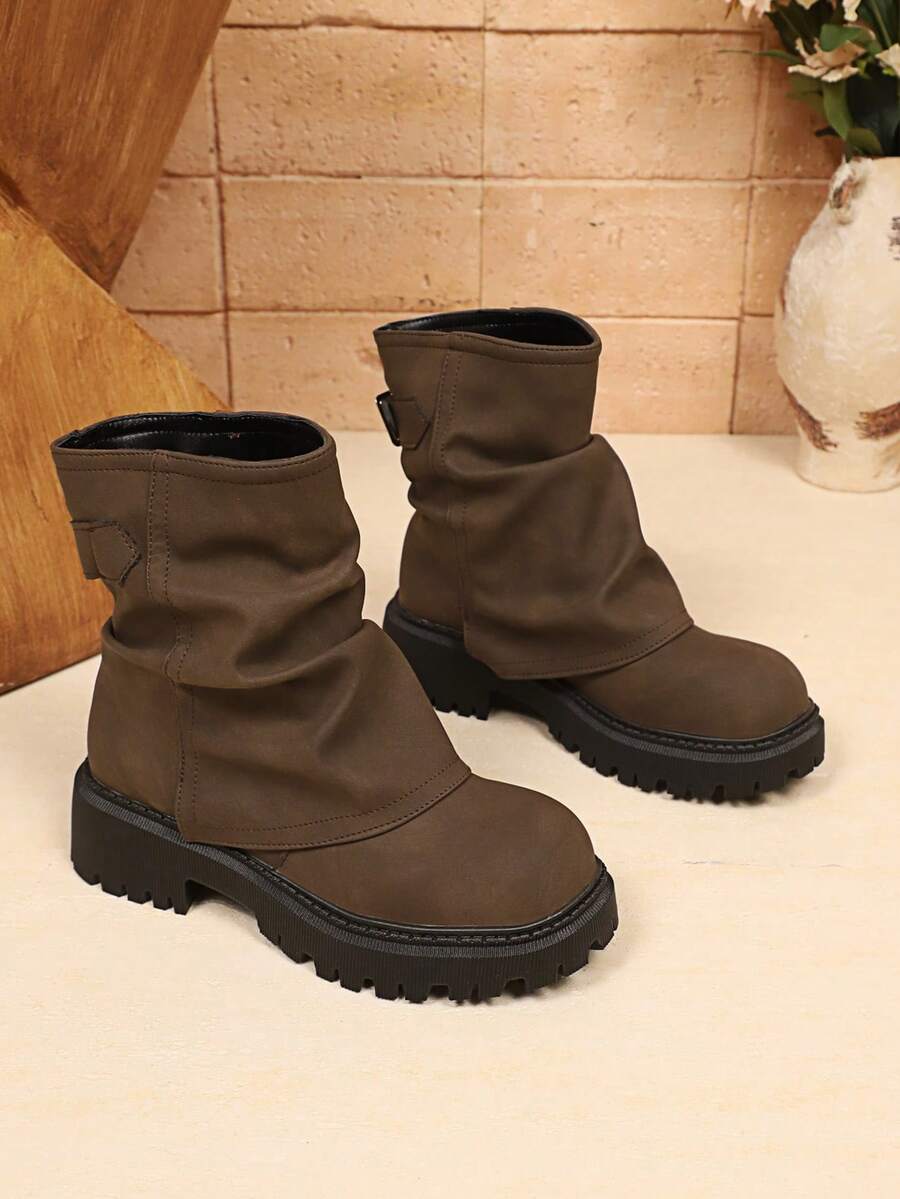 1 Pair Women's Rusty Brown Ruched Mid-Calf Boots, Y2K Hot Girl Style, Soft Comfortable PU Material, Round Toe, Platform Thick Sole, Suitable For School, Work, Commute, Shopping, Vacation, Outdoor Wear, Autumn/Winter New Style - Rust Brown - View 1