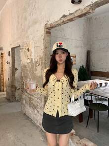 Preppy Sweet Vacation Date Contrast Color Polka Dot Frill Trim Women's Top, Suitable For Back To School Season, Gatherings - Pale Yellow - View 6