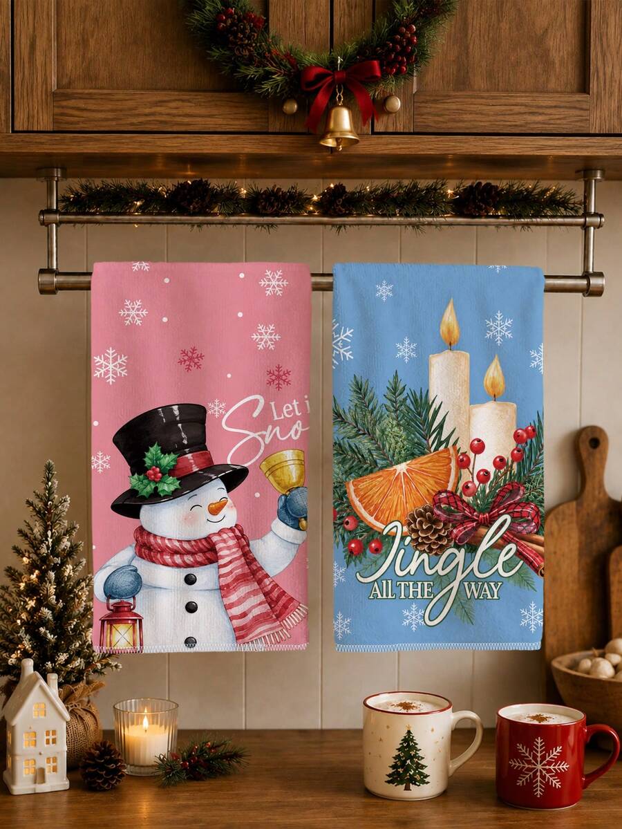 2PCS Kitchen Towel, Dopamine Christmas Snowman Candle Pattern Kitchen Towel Dish Cloth, Watercolor Style 40*60cm Rectangular Soft Microfiber Cleaning Kitchen Towel, Perfect For Kitchen, Dining Room And Bathroom Use, Christmas Kitchen Decoration, Home Decor, Neighbor Housewarming Gift, Dish Cloth - Multicolor - View 1