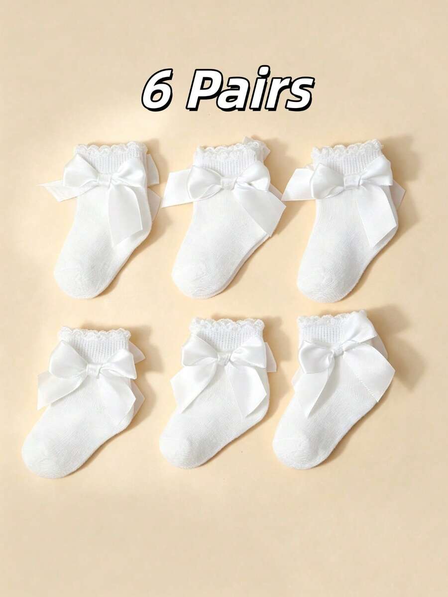 6雙女童幼兒球場風短襪,大蝴蝶結設計 - 白色 - 查看 1