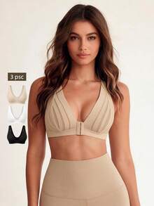 Lilivine Sexy Semi-Sheer Wireless Deep V Front Closure Bra, Striped Unpadded Spaghetti Camisole, Runs Small - Apricot - View 2
