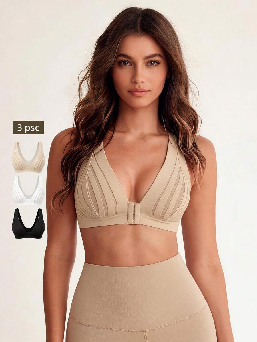 Lilivine Sexy Semi-Sheer Wireless Deep V Front Closure Bra, Striped Unpadded Spaghetti Camisole, Runs Small