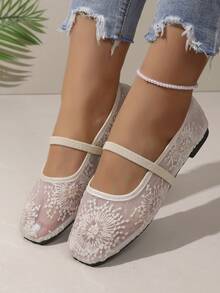 Women's Fashion Sequin Lace Mesh Mary Jane Flat Shoes, Square Toe Single Strap Slip-On Daily Commute Shoes - White - View 3